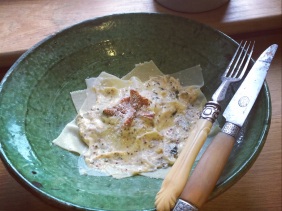 chanterelle open ravioli with a creamy wholegrain mustard sauce